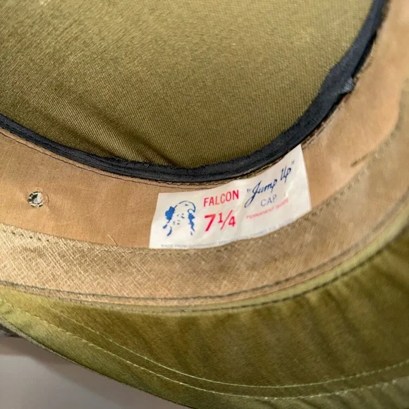 Falcon Jump up Cap Size 7 1/4 Authentic Military Olive Green 1960’s Vintage - Picture 2 of 4